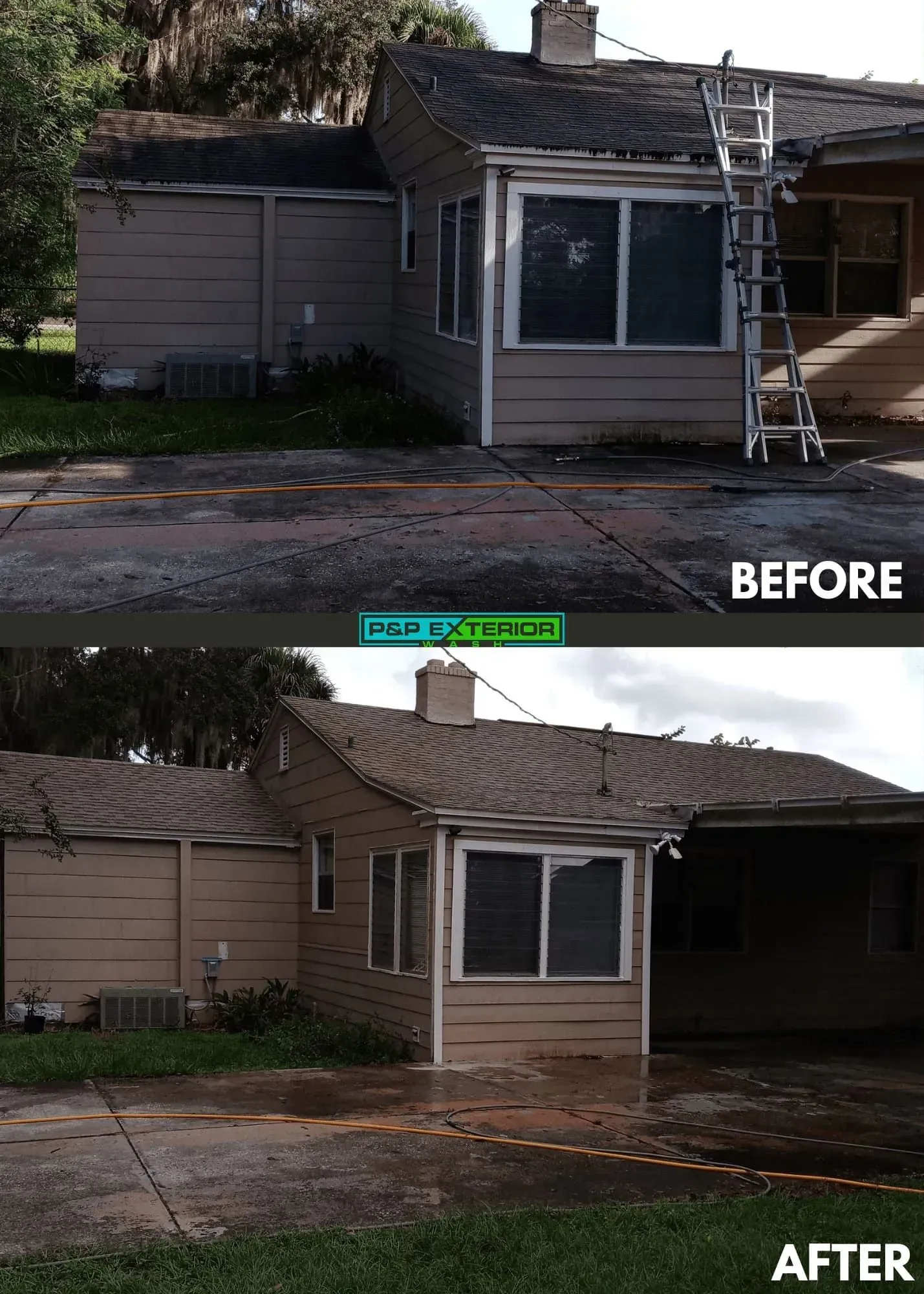 A before and after picture of a house with a ladder on the roof.
