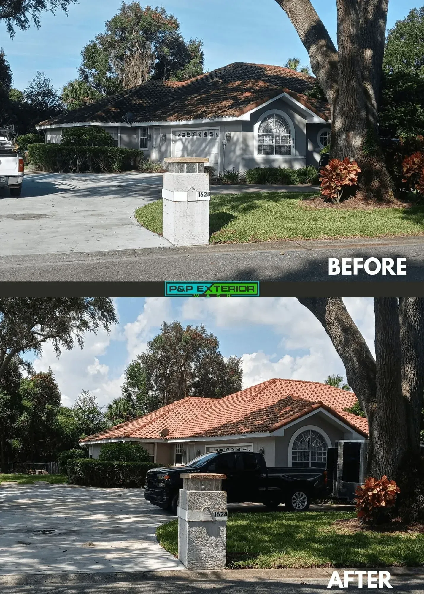 A before and after picture of a house with a truck parked in front of it.
