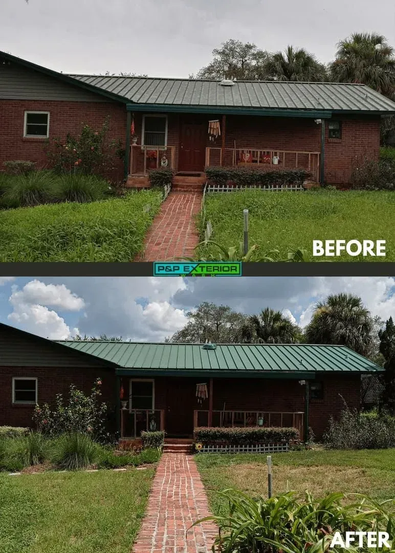 A before and after picture of a house with a green roof