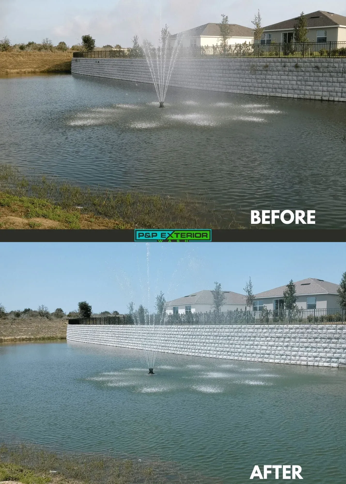 A before and after photo of a fountain in a lake