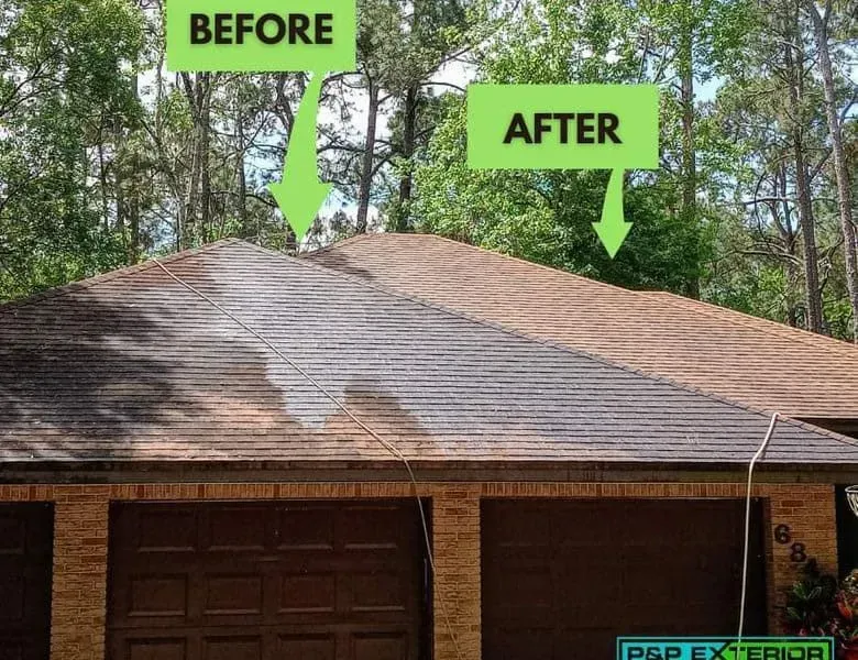 A before and after picture of a roof with trees in the background
