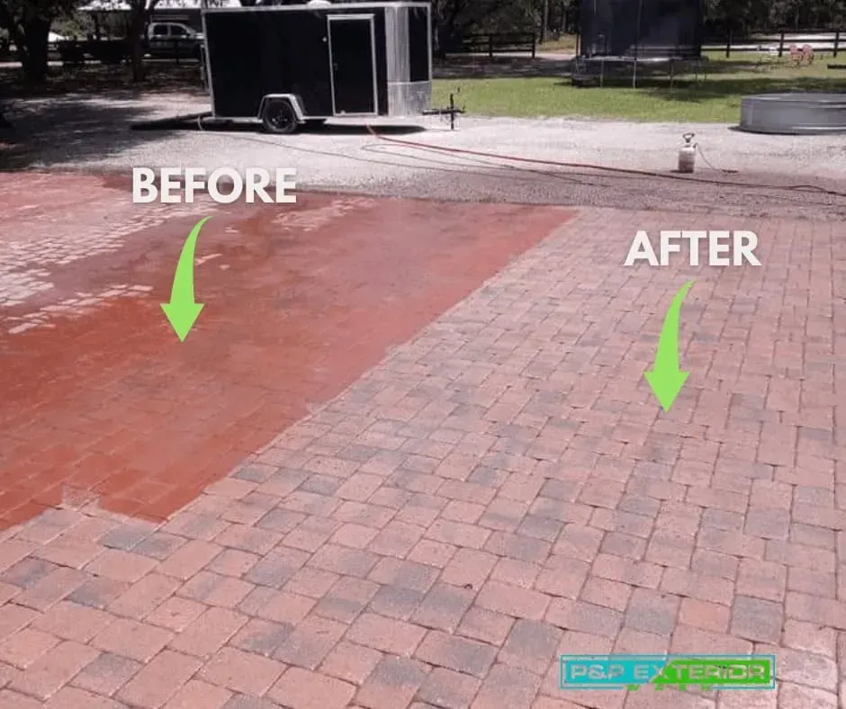 A before and after picture of a brick driveway