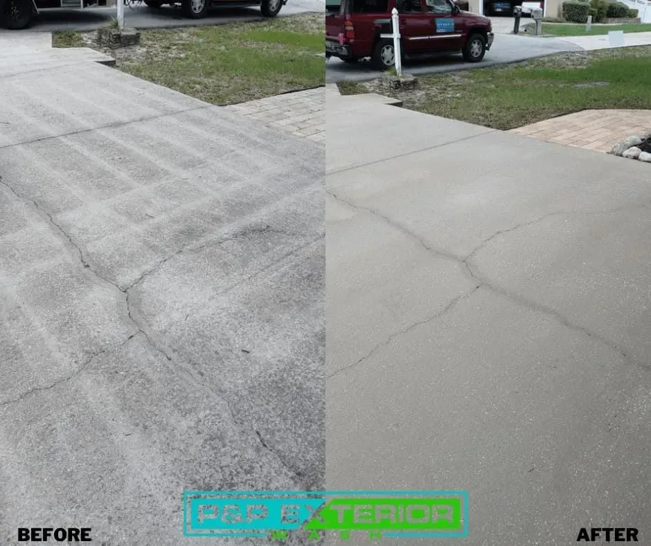 A before and after photo of a concrete driveway.