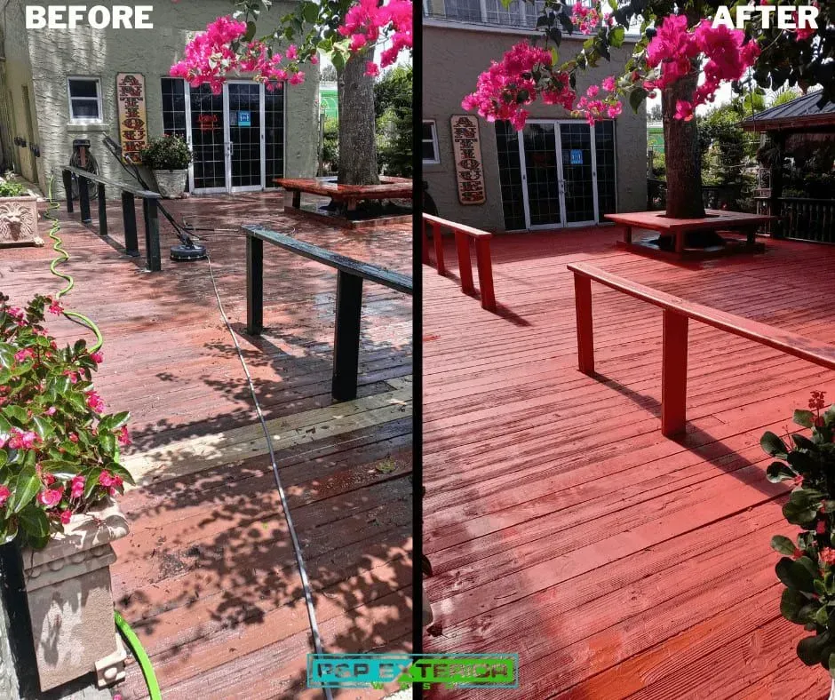 A before and after photo of a wooden deck.