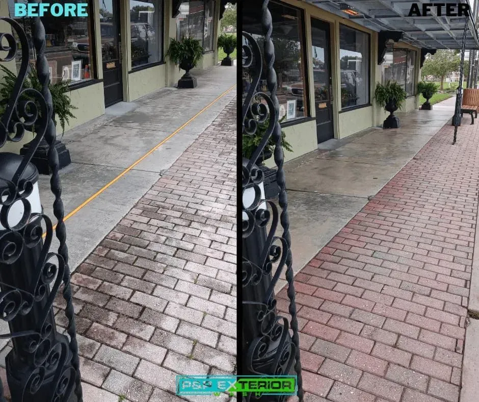 A before and after photo of a brick walkway in front of a building.