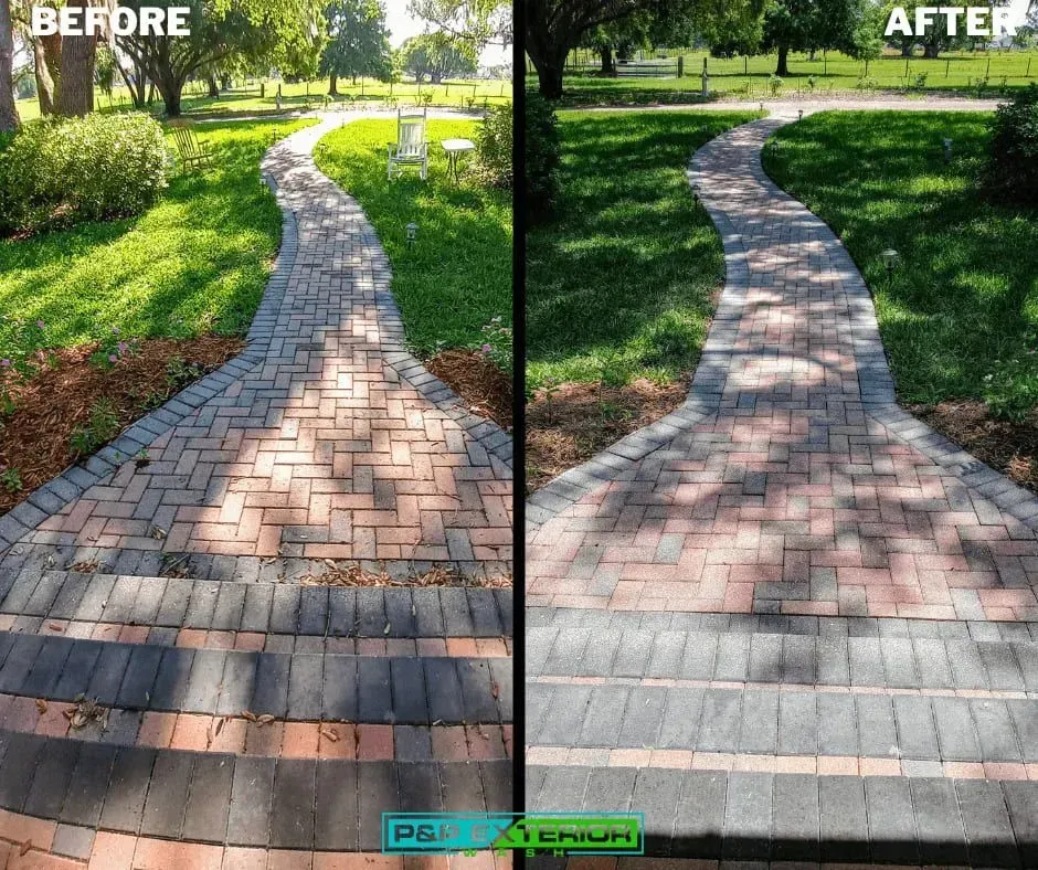 A before and after photo of a brick walkway