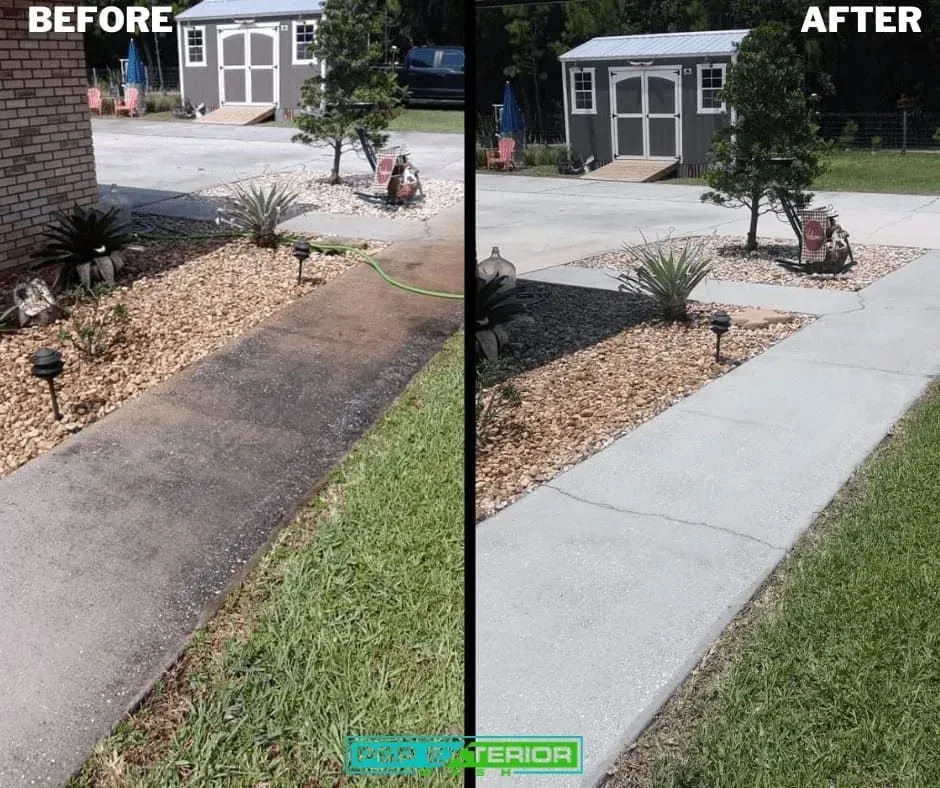 A before and after photo of a sidewalk with a shed in the background