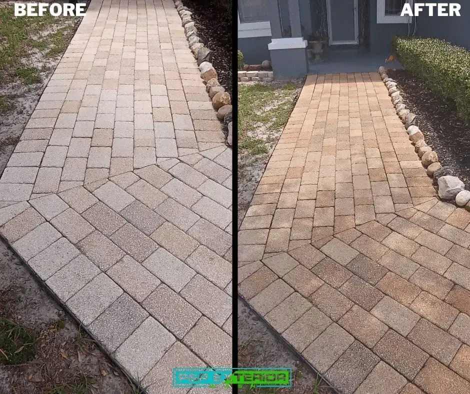 A before and after photo of a brick walkway
