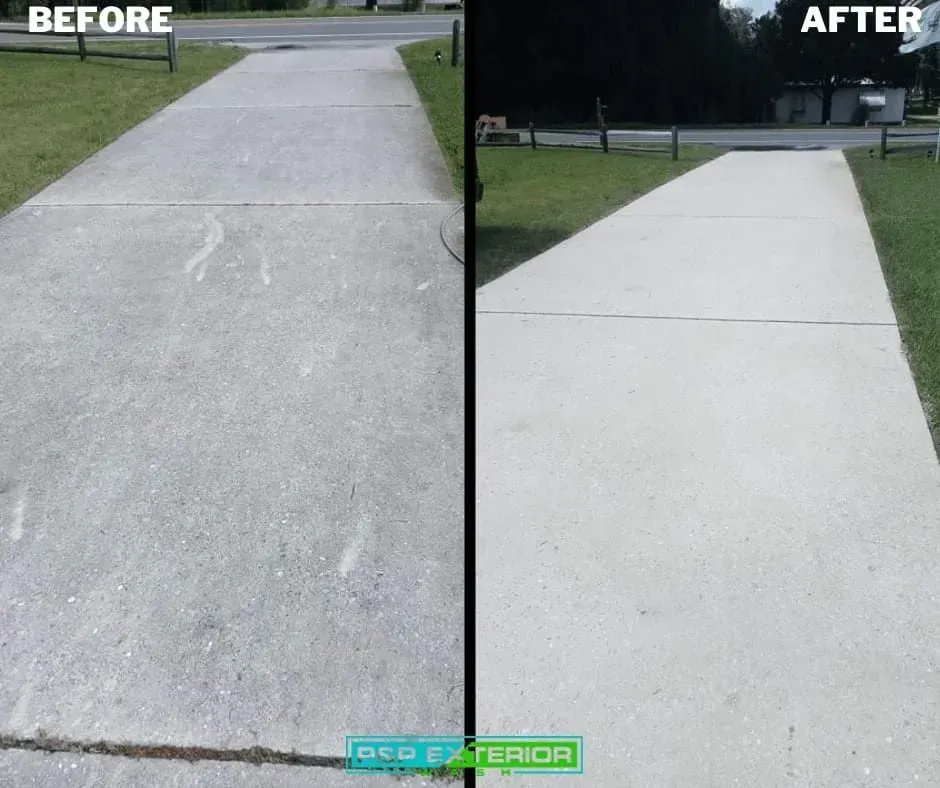 A before and after photo of a concrete sidewalk