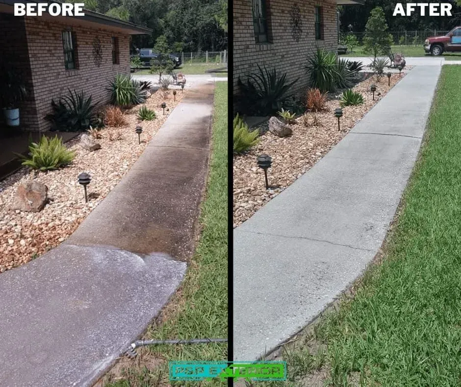 A before and after photo of a concrete walkway