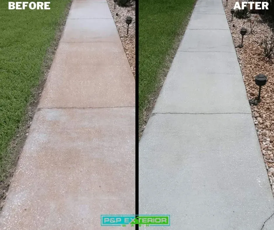 A before and after photo of a concrete walkway