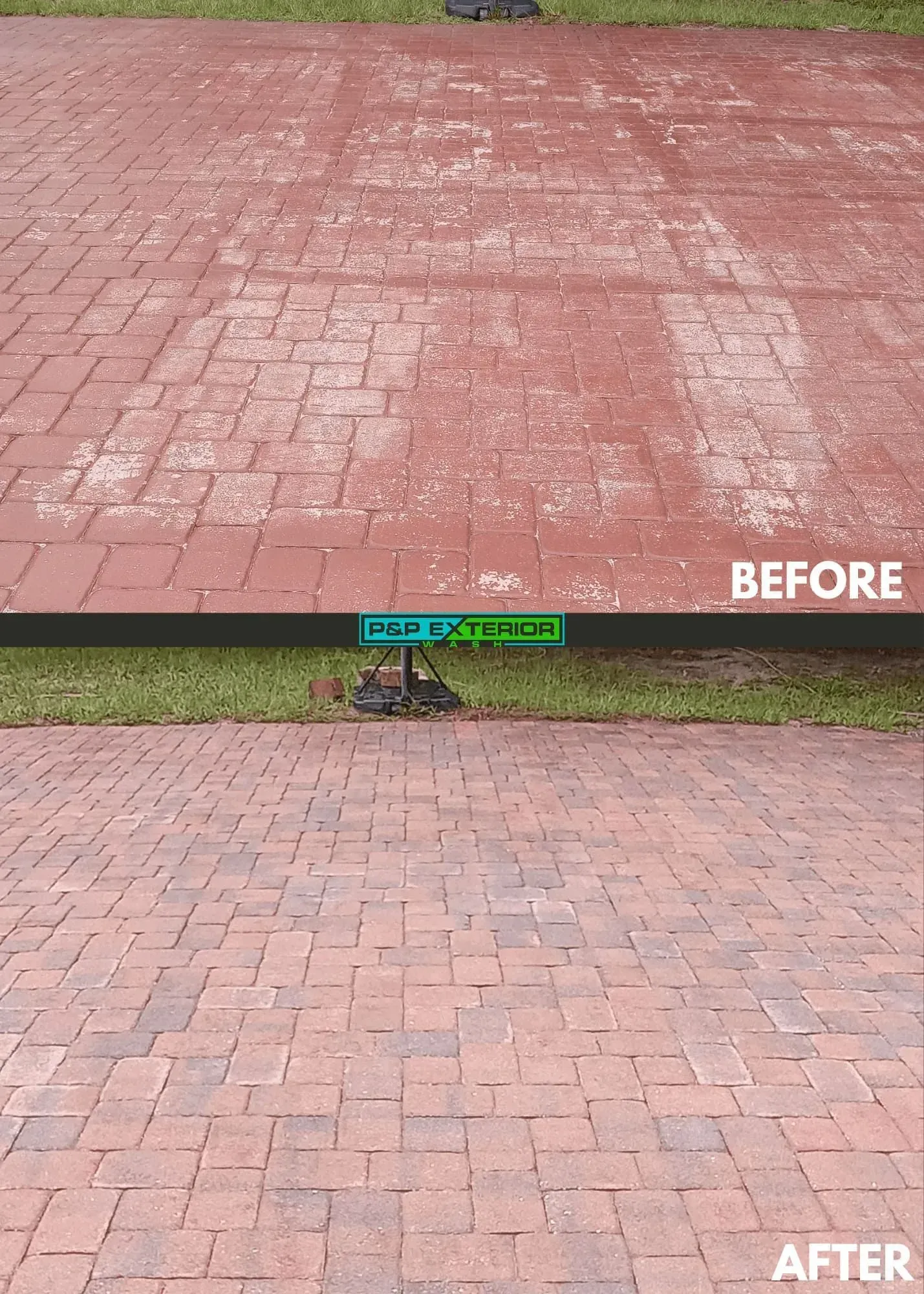A before and after picture of a brick driveway.