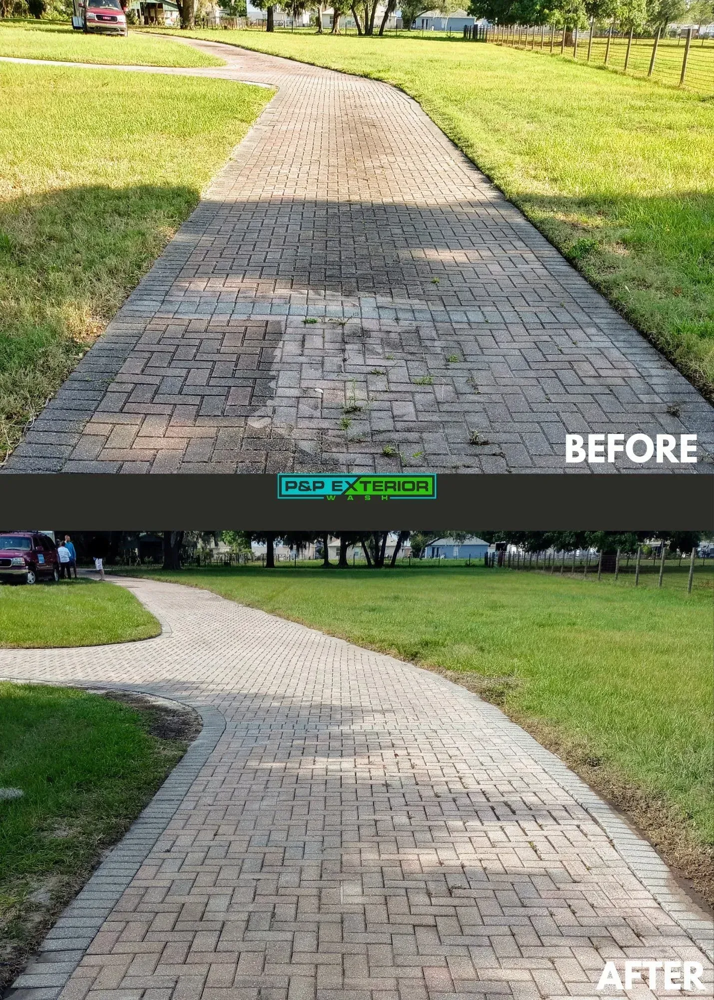 A before and after photo of a brick walkway in a park.