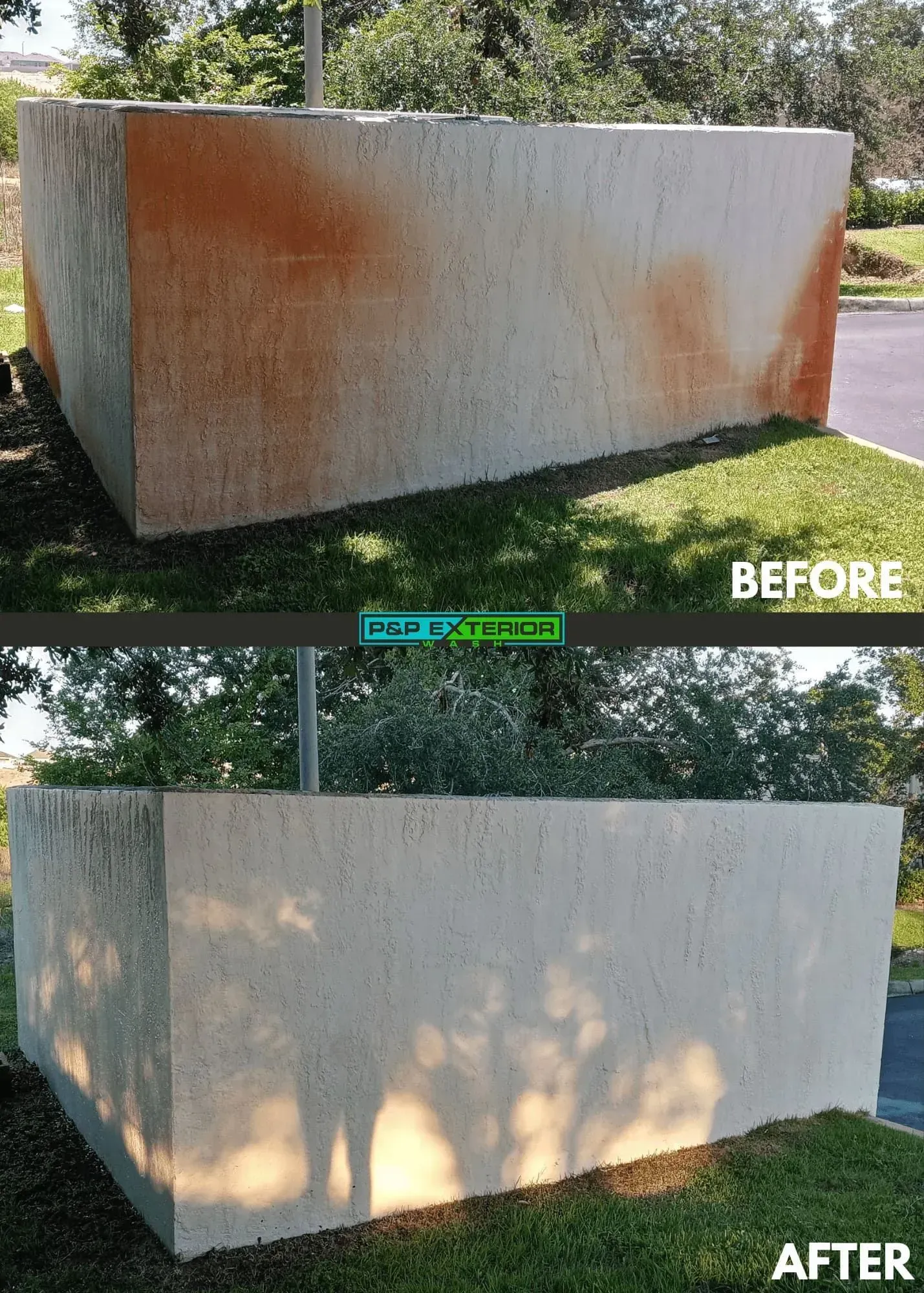 A before and after photo of a concrete wall.
