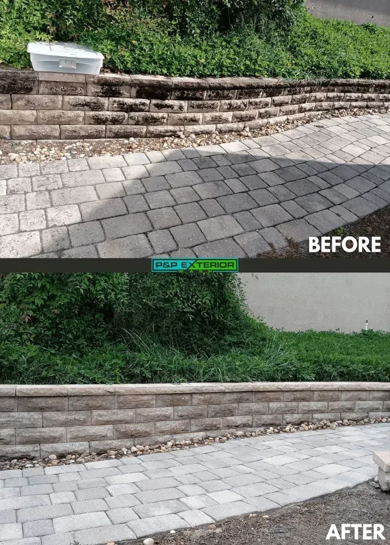 A before and after photo of a brick walkway.