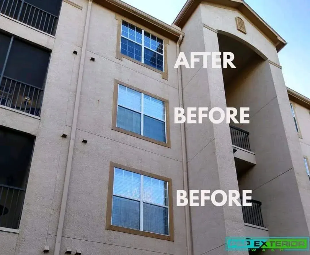 A picture of a building before and after cleaning