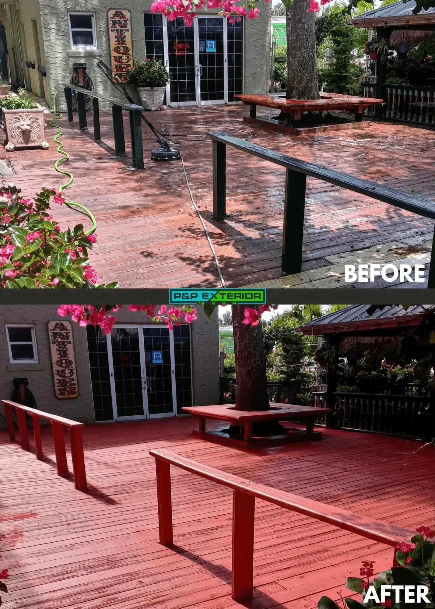 A before and after photo of a wooden deck.