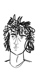 A black and white drawing of a face with curly hair.