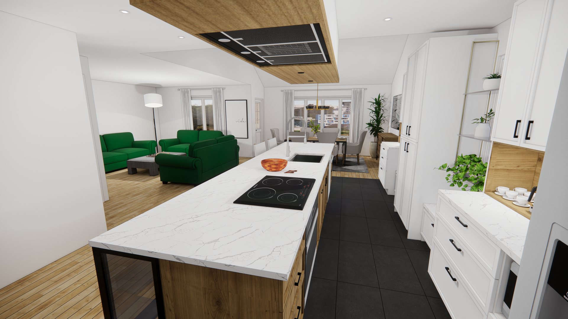 Cuisine moderne avec îlot, armoires et vue sur le salon avec canapés verts.