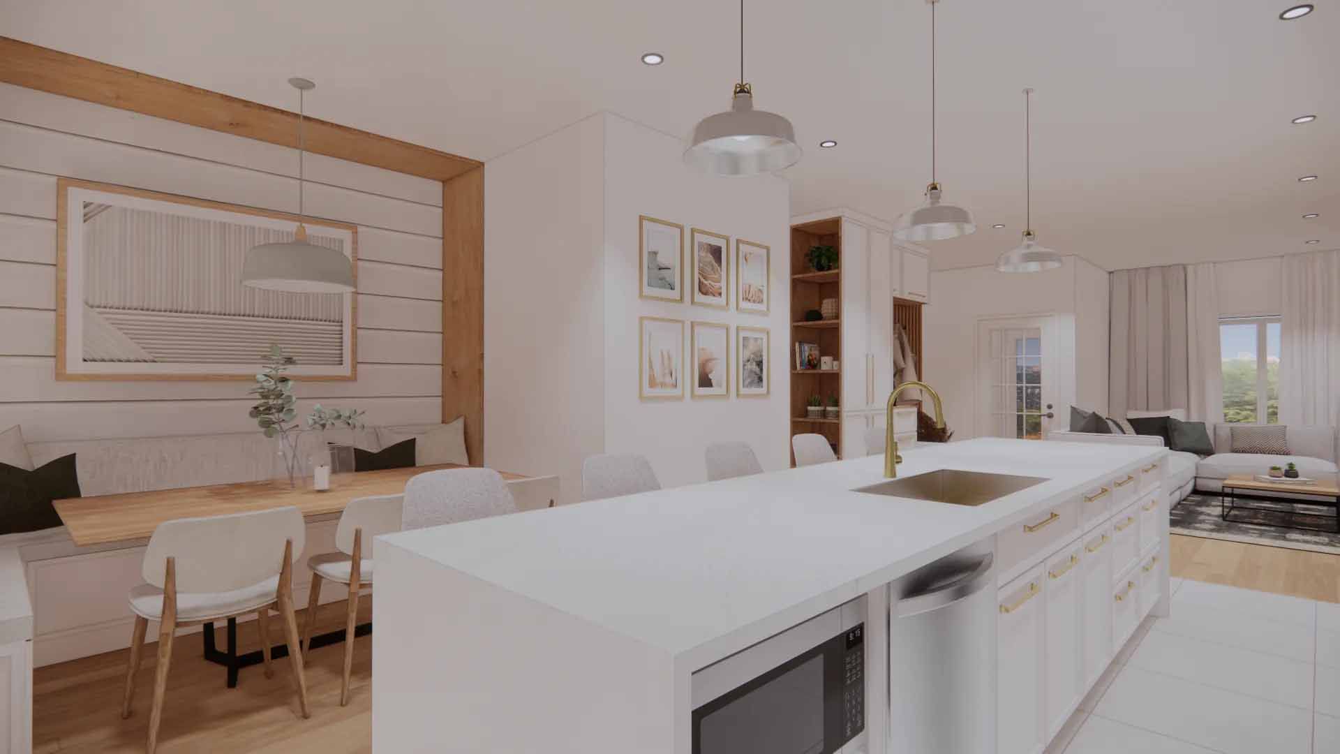 Cuisine moderne avec armoires blanches, îlot et coin repas avec banc intégré et chaises blanches.