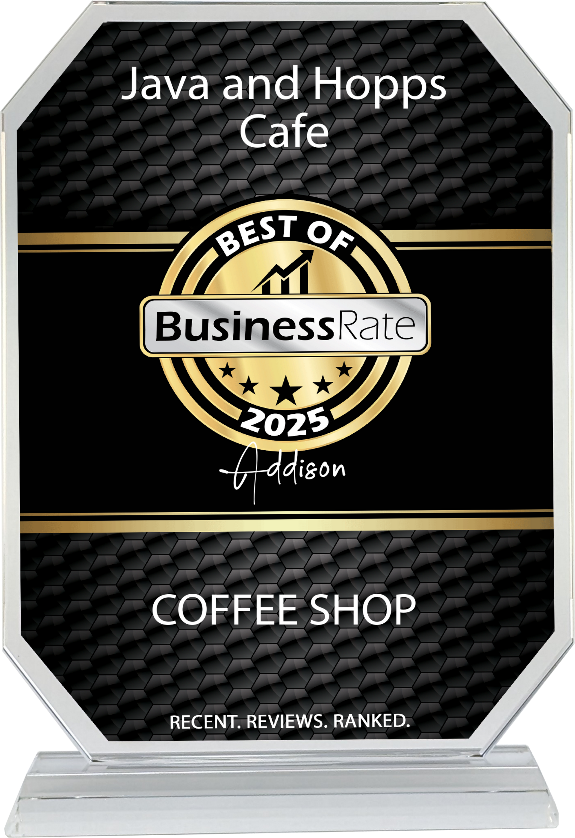 A plaque for java and hopps cafe is sitting on a table.