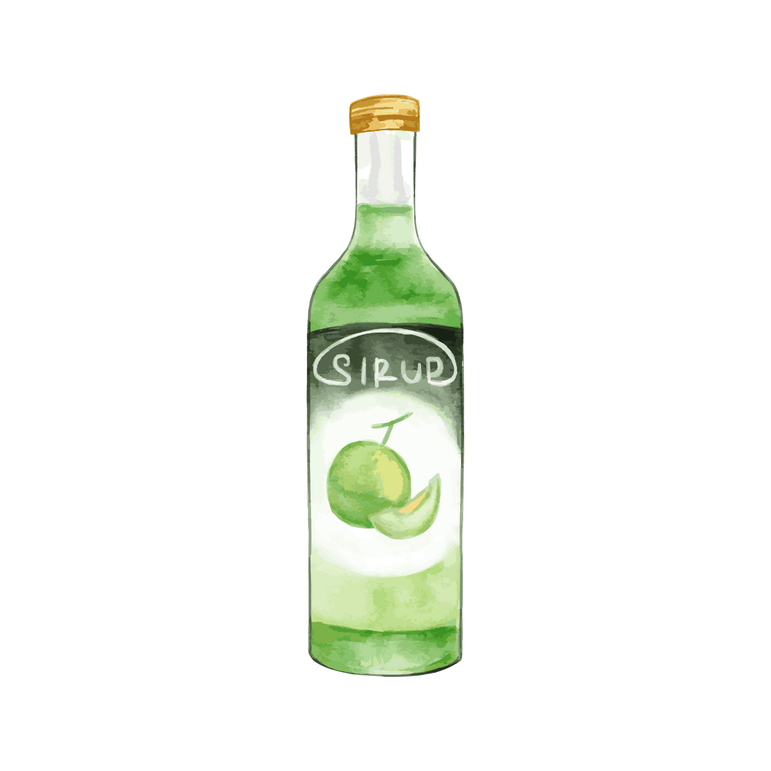 A bottle of green syrup with a green apple on the label.