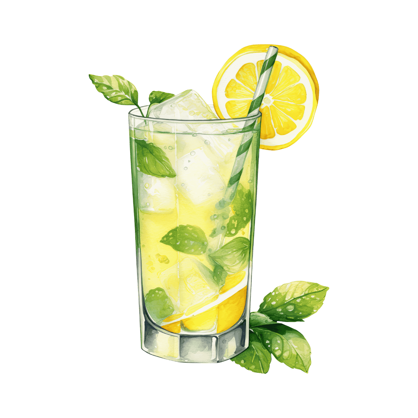 A watercolor painting of a lemonade with ice and a straw.