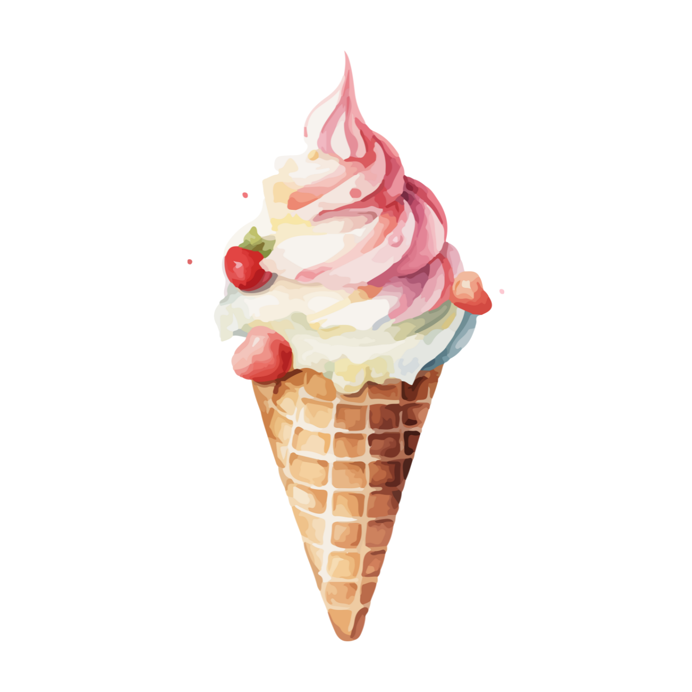 A watercolor painting of an ice cream cone with strawberries on top.