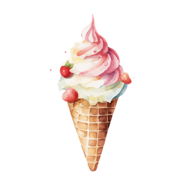 A watercolor painting of an ice cream cone with strawberries on top.