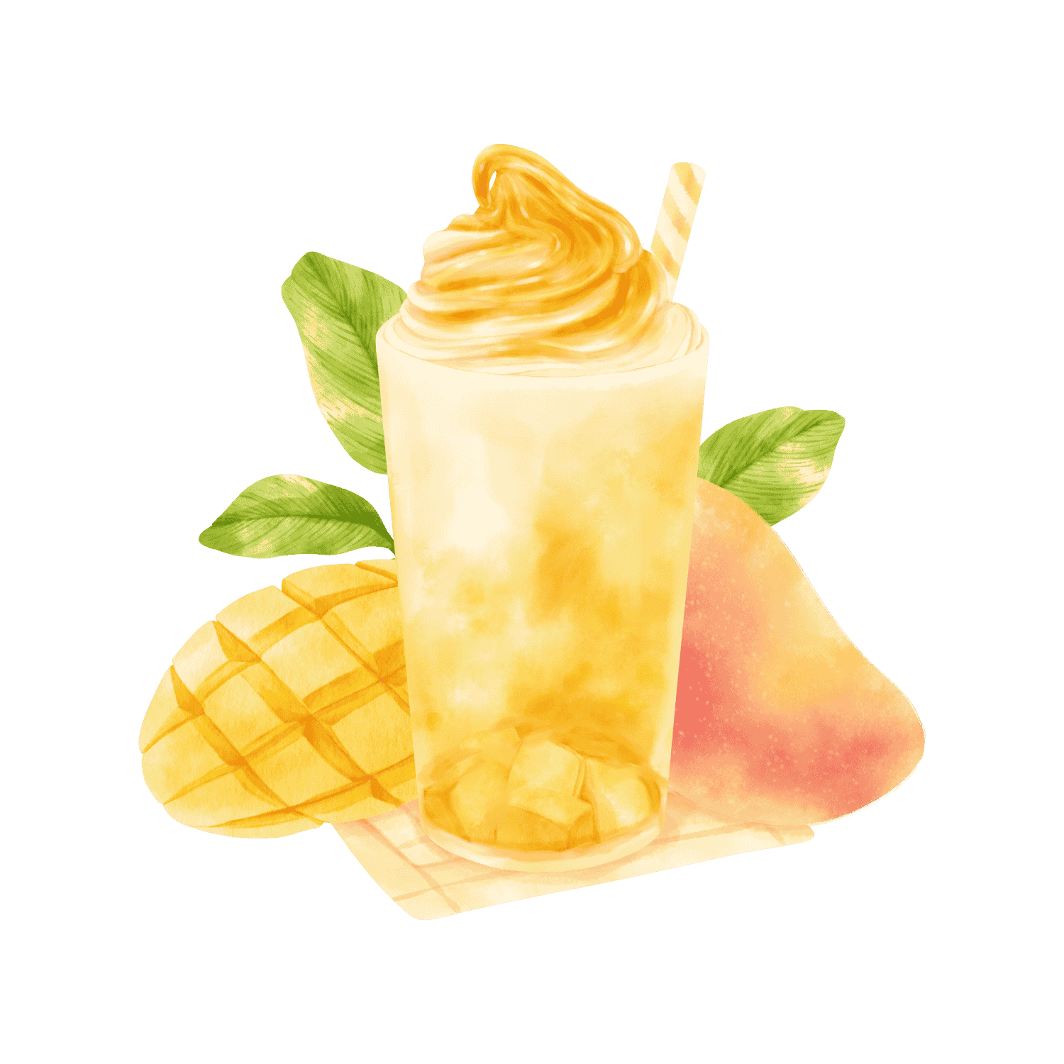 A watercolor painting of a mango milkshake with ice and a straw.