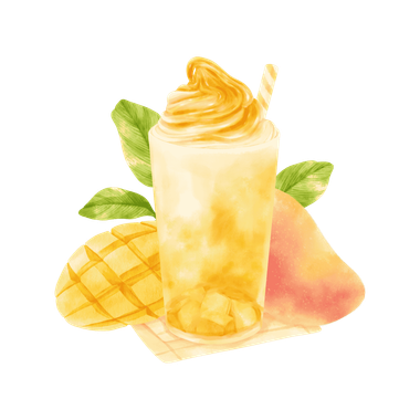 A watercolor painting of a mango milkshake with ice and a straw.