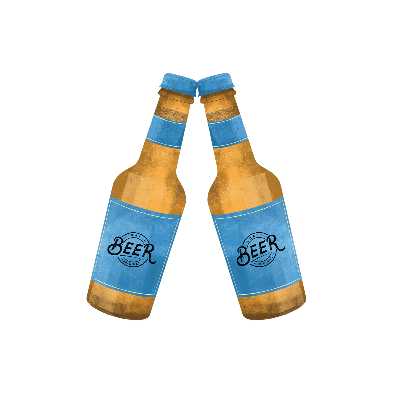Two bottles of beer are toasting each other on a white background.