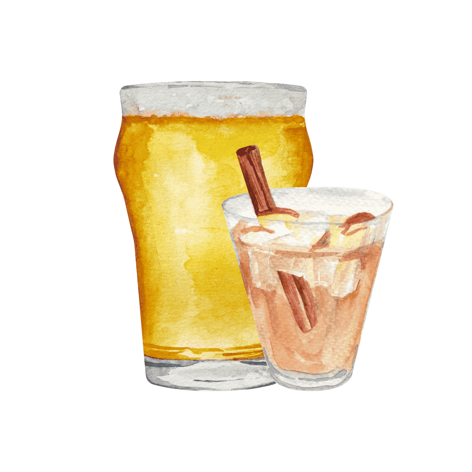 A glass of beer and a glass of cider with cinnamon sticks.