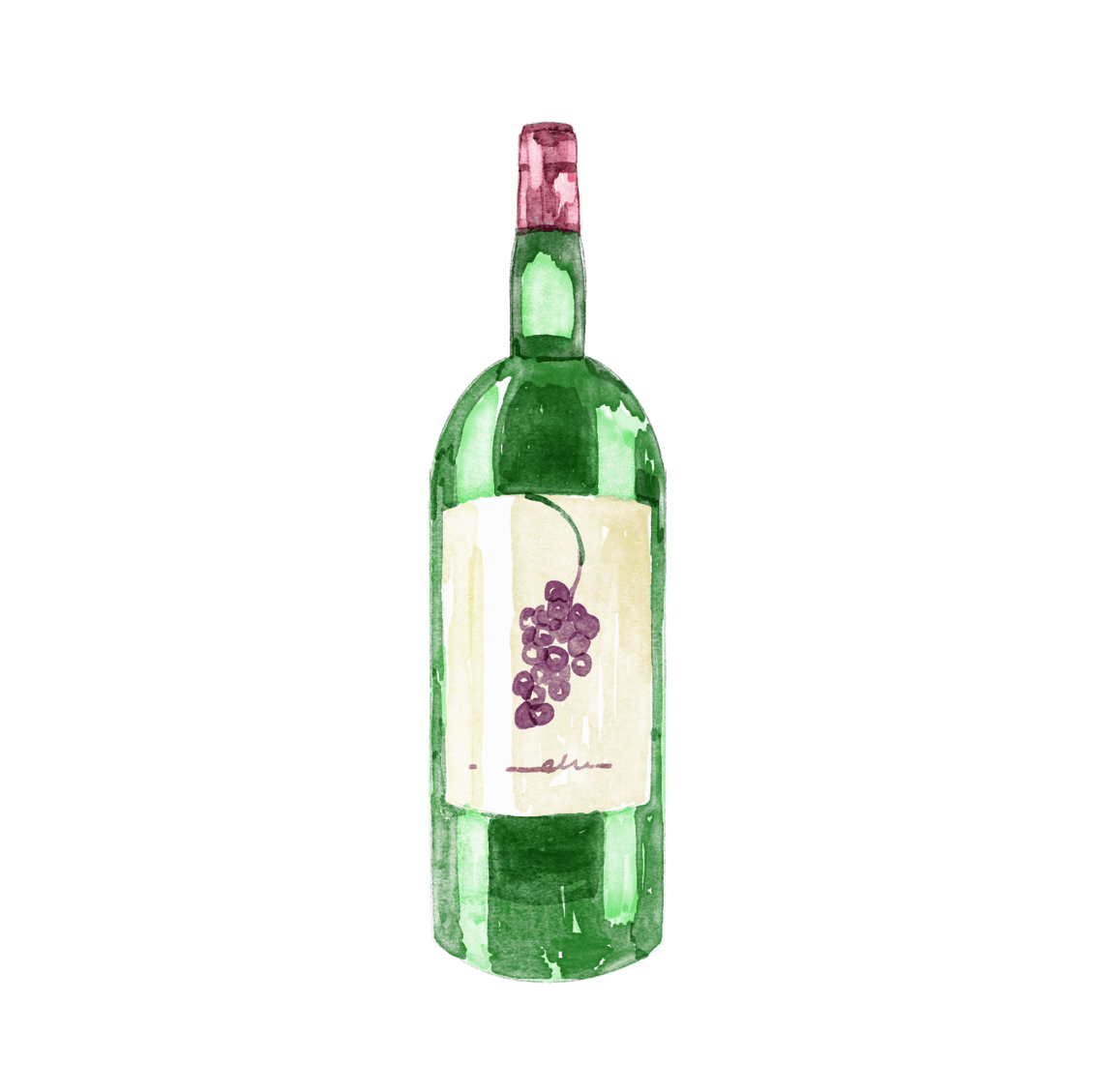 A green bottle of wine with a bunch of grapes on the label.