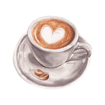 A cup of cappuccino with a heart shaped latte art on a saucer.