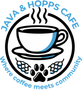 A logo for java & hopps cafe where coffee meets community