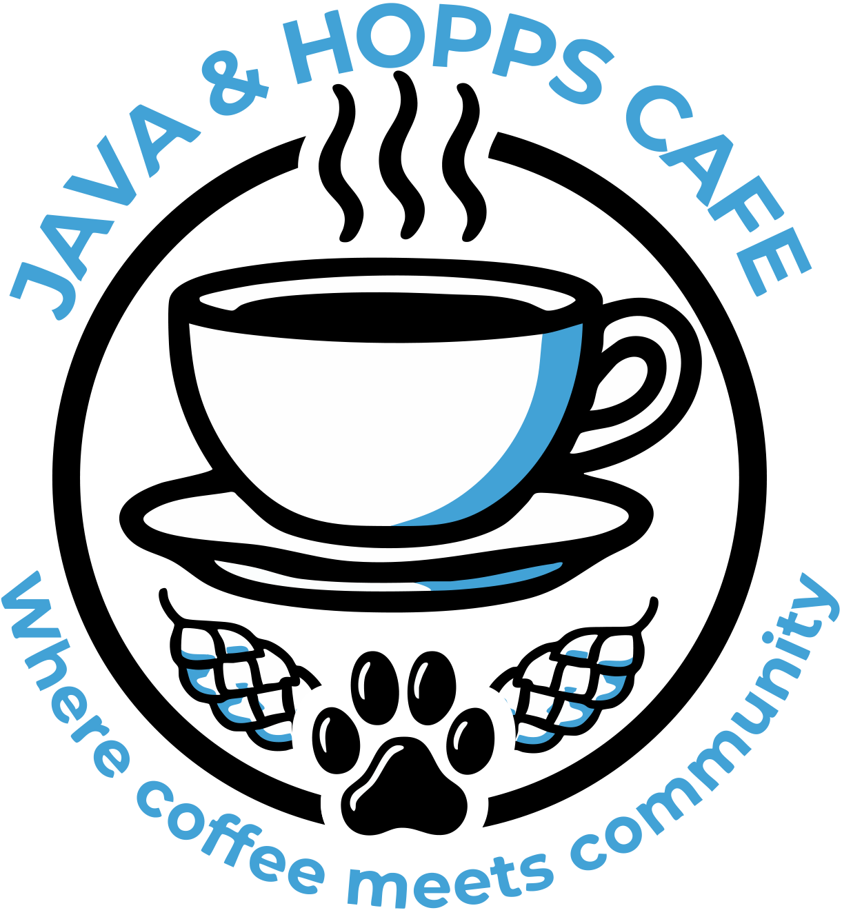 A logo for java & hopps cafe where coffee meets community