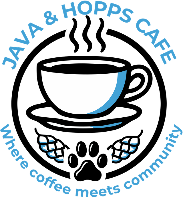 A logo for java & hopps cafe where coffee meets community