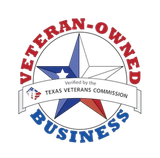 A veteran owned business logo that is verified by the texas veterans commission