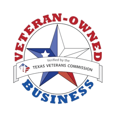 A veteran owned business logo that is verified by the texas veterans commission