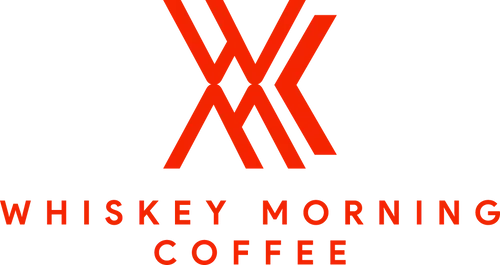 The logo for whiskey morning coffee is red and white.