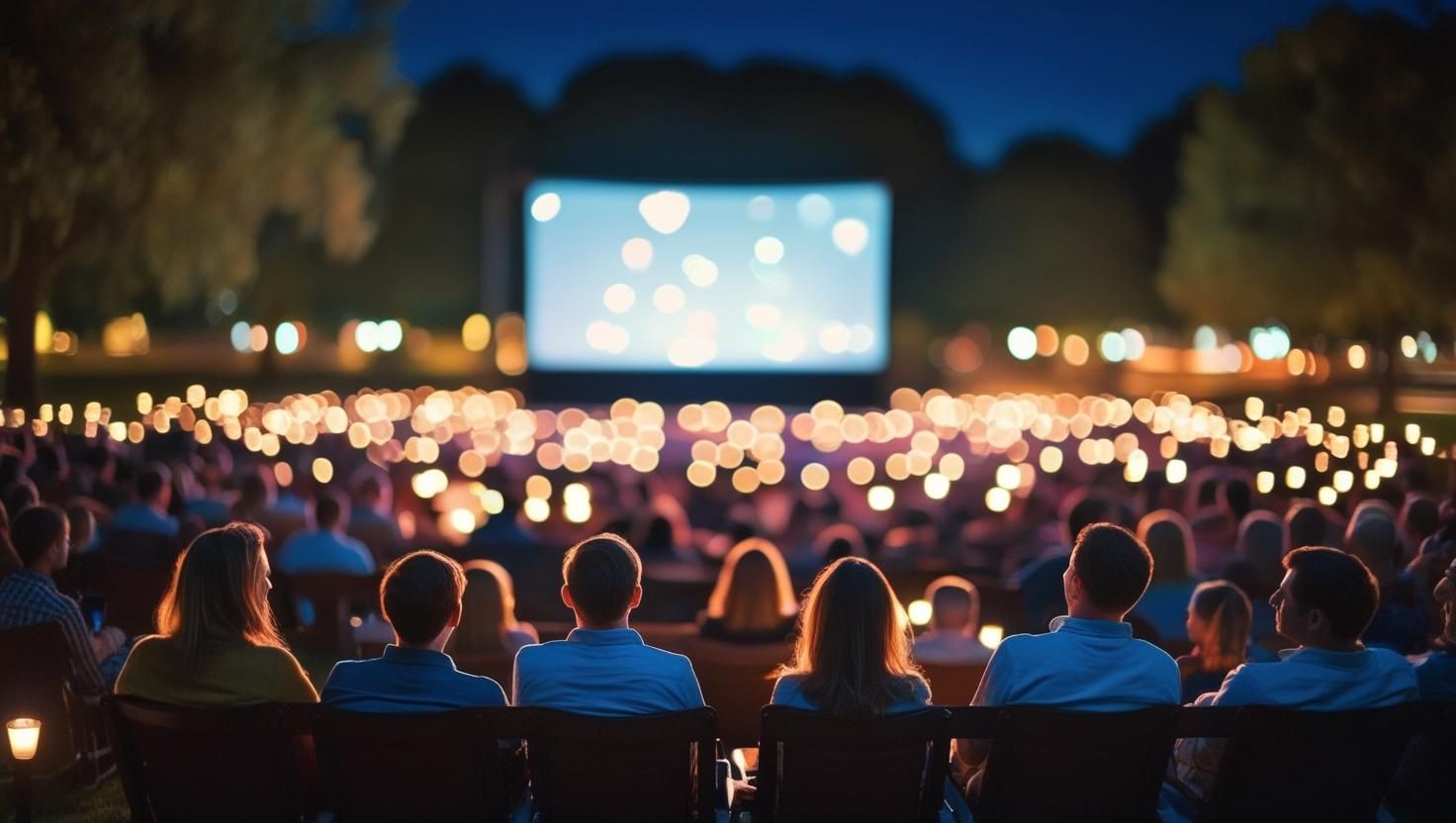 A crowd of people are sitting in front of a large screen watching a movie.