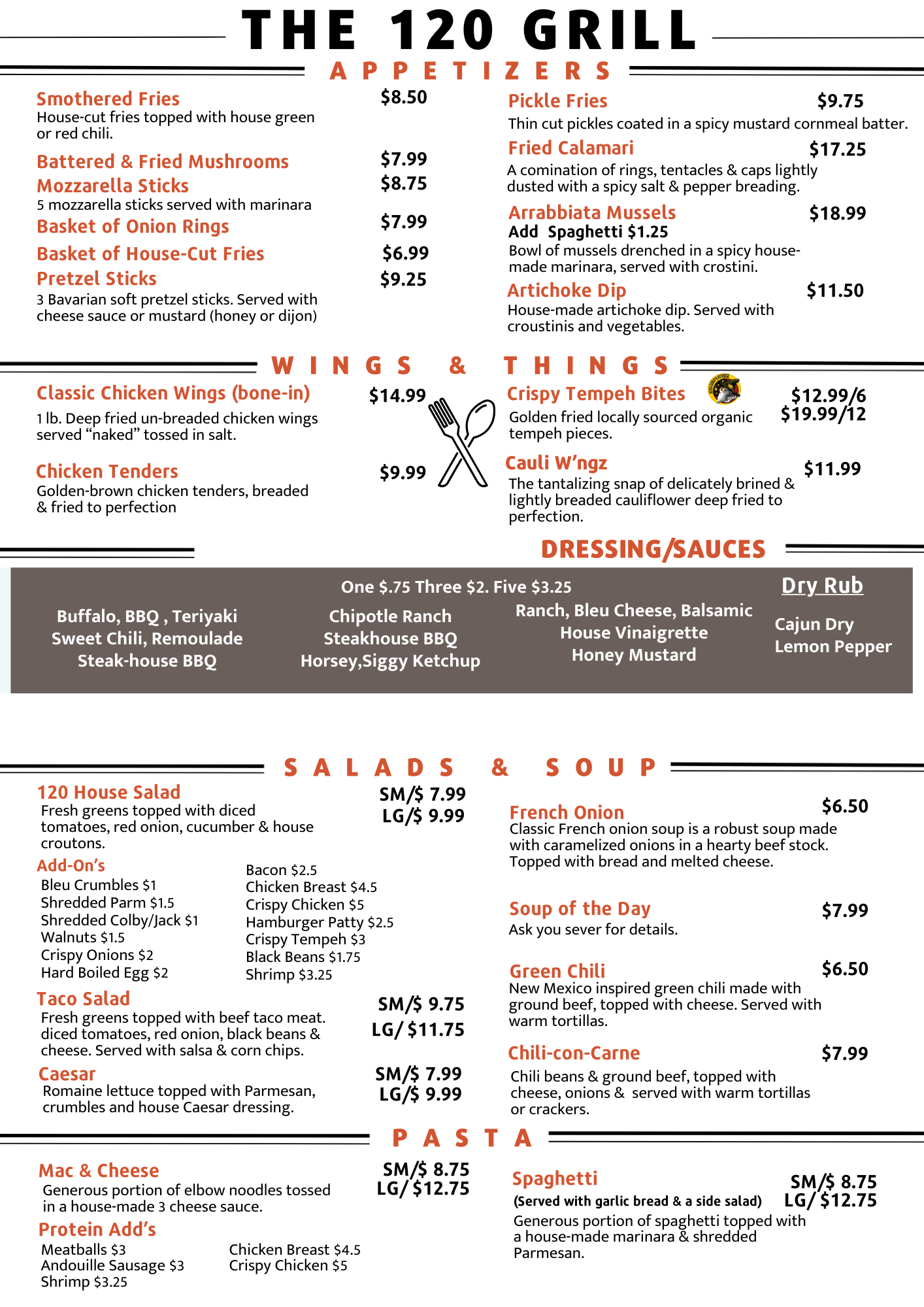 Menu for “The 120 Grill” with sections for burgers, wings, salads, soup, and beverages.