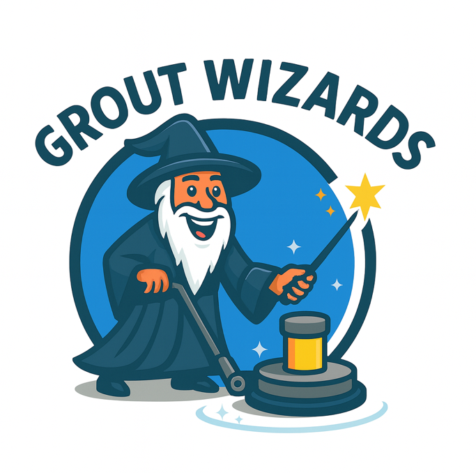 Logo of a wizard cleaning grout with a machine, set against a blue circle. The wizard wears a dark robe and hat, wielding a magic wand.