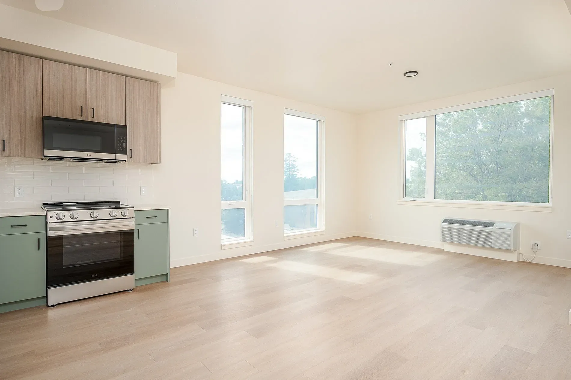 Modern kitchen and living area with large windows and light wood floors.