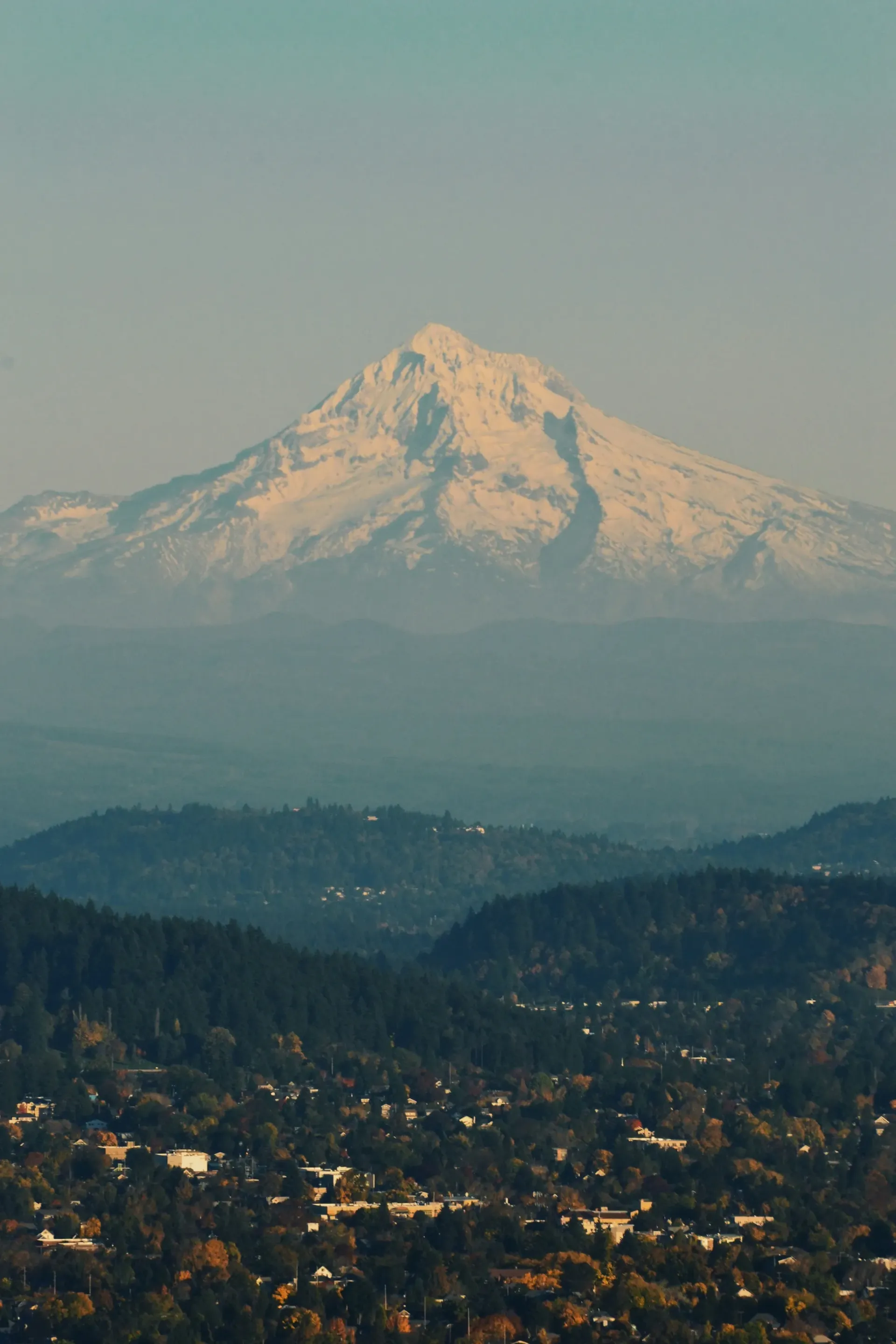 Snow-capped mountain peak viewed over rolling hills and a distant town.