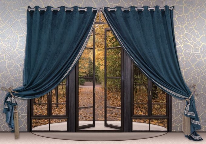 A Pair of Blue Curtains Are Hanging on a Window in a Room — Catrina's Custom Curtains & Blinds in Toukley, NSW