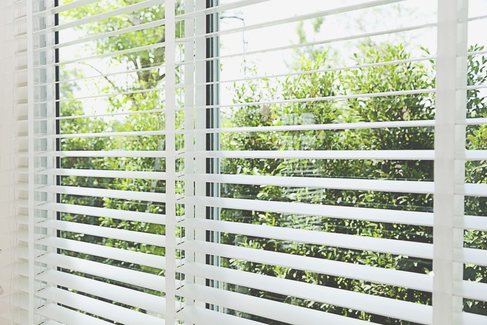 A Window With White Blinds on It and a View of Trees — Catrina's Custom Curtains & Blinds in Toukley, NSW