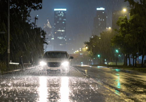 Car driving on a rain-soaked city street at night with headlights reflecting.