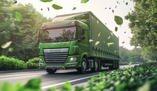 Un camion vert roule sur une route entourée d'arbres et de feuilles.
